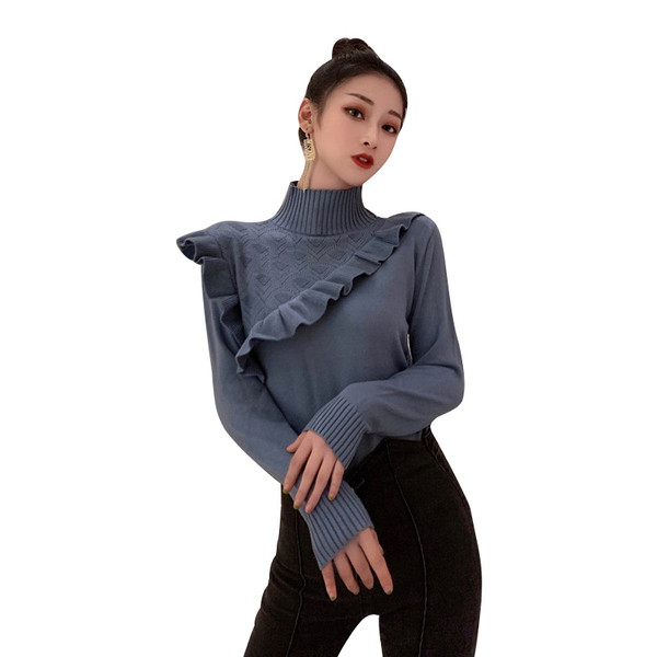 Modern női pulóver pólógallérral, kék és rózsaszín színben