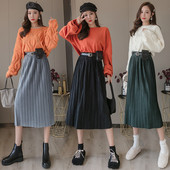 Fusta de dama moderna plisata cu curea in negru, gri si verde