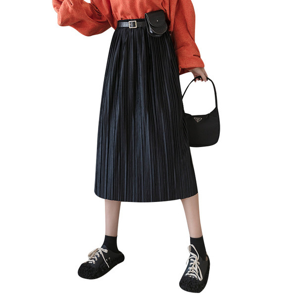 Fusta de dama moderna plisata cu curea in negru, gri si verde
