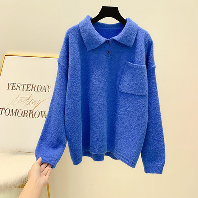 Modern női pulóver gallérral és zsebbel, négy színben