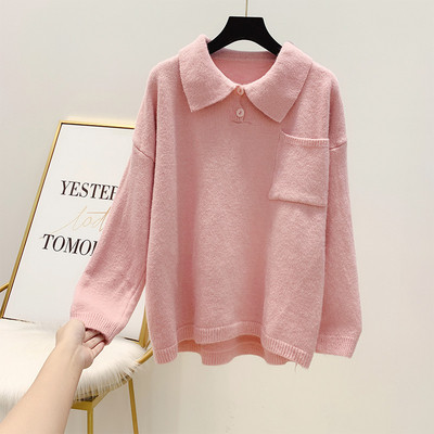 Modern női pulóver gallérral és zsebbel, négy színben