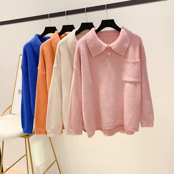 Modern női pulóver gallérral és zsebbel, négy színben