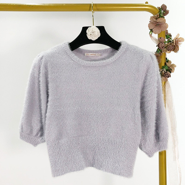 Γυναικείο κοντό πουλόβερ σε μπλε και ροζ χρώμα