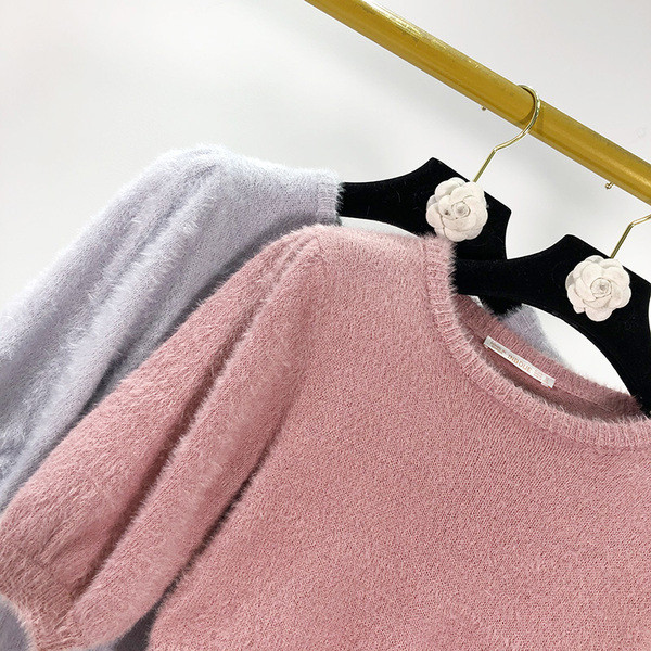 Γυναικείο κοντό πουλόβερ σε μπλε και ροζ χρώμα