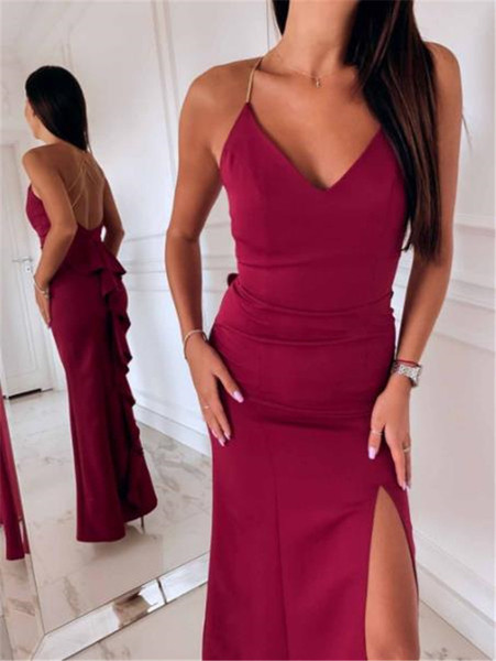 Rochie elegantă de damă, cu spatele gol și fermoar, de culoare roșie