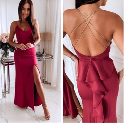 Rochie elegantă de damă, cu spatele gol și fermoar, de culoare roșie