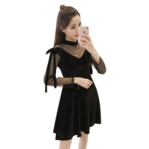 Modern női rövid ruha bársony tüll - fekete színű