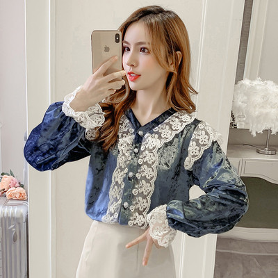 Modern női ing gombokkal és bársony csipkével