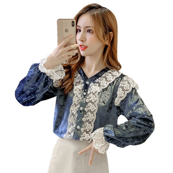 Modern női ing gombokkal és bársony csipkével