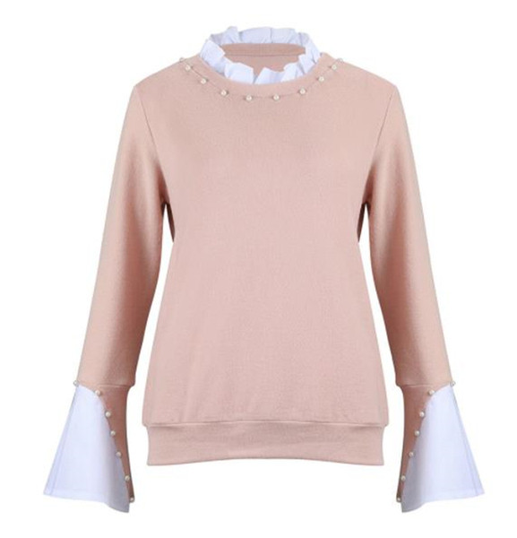 Modern női blúz gyöngyökkel és magas gallérral rózsaszínben