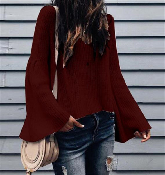 Casual γυναικείο πουλόβερ με λαιμόκοψη και φαρδιά μανίκια σε διάφορα χρώματα