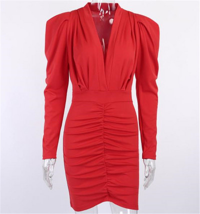 Modern női ruha spitz nyakkivágással és hosszú ujjú piros, fekete és fehér színben