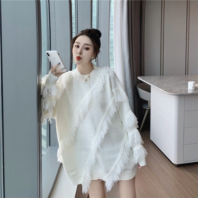 Modern női pulóver rojtokkal és ovális nyakkivágással, fehér és fekete színben