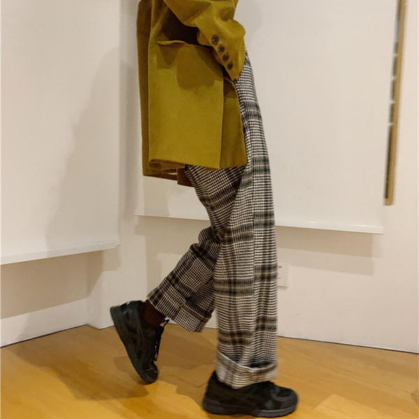 Lezser hosszú kockás nadrág magas derékkal