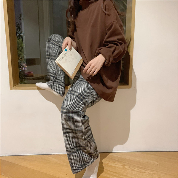 Lezser hosszú kockás nadrág magas derékkal