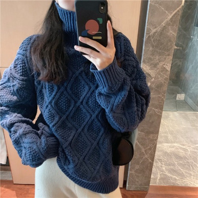 Női téli pulóver pólógallérral bézs és kék színben