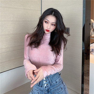 Κομψή γυναικεία μπλούζα βελούδο με ψηλό κολάρο και μακριά μανίκια σε ροζ και μπλε χρώμα