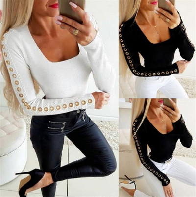 Bluză de damă modernă cu mâneci lungi și decolteu pătrat în alb și negru