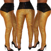 Modern női nadrág magas derékkal, arany színű flitterekkel