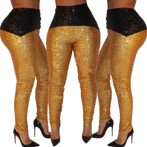Modern női nadrág magas derékkal, arany színű flitterekkel