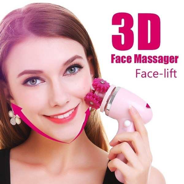 Електрически уред за почистване, масаж и ексфолиране на лице с четири приставки в розов цвят 