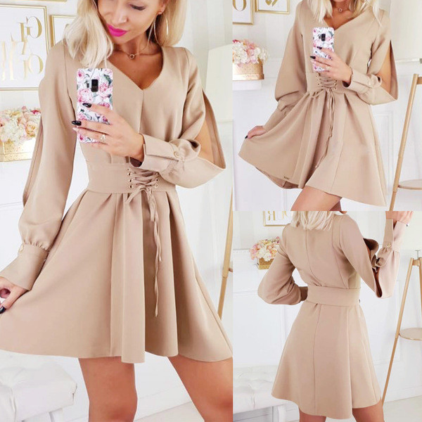 Γυναικείο Casual φόρεμα με μακρύ μανίκι σε μπεζ χρώμα με ζώνη 