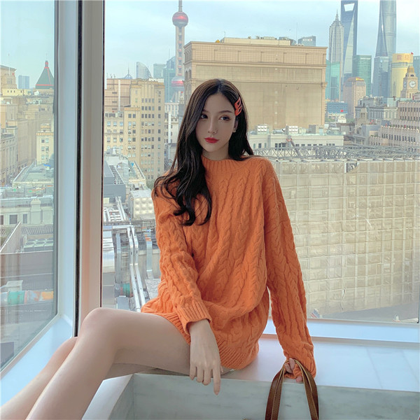 Γυναικείο φαρδύ πουλόβερ με πορτοκαλί χρώμα