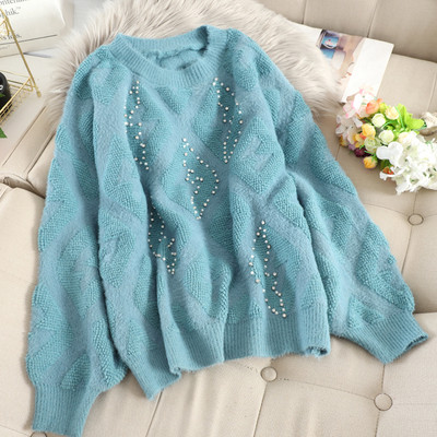 Női pulóver ovális nyakkivágással és gyöngyökkel több színben
