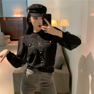 Γυναικεία κομψή μπλούζα με κουμπιά και μανίκια τούλι