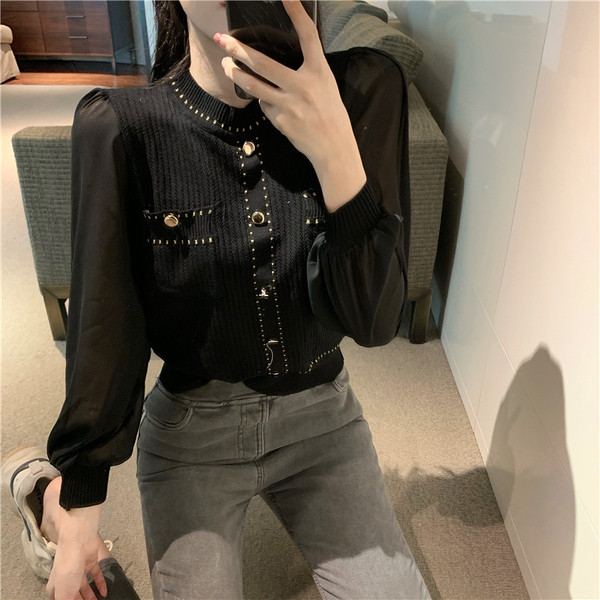 Γυναικεία κομψή μπλούζα με κουμπιά και μανίκια τούλι