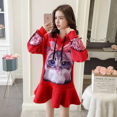 Φορέμα γυναικείο με Εφαρμογή και Κουκούλα σε Κόκκινο, Ροζ και Μαύρο χρώμα