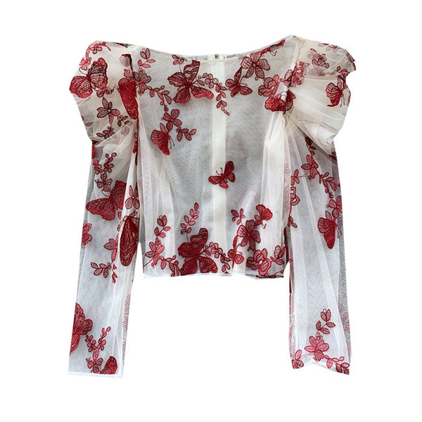 Cămașă de damă elegantă cu broderie în patru culori și decolteu oval