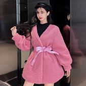 Модерно дамско палто с връзки в син и розов цвят