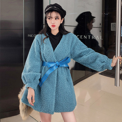 Модерно дамско палто с връзки в син и розов цвят