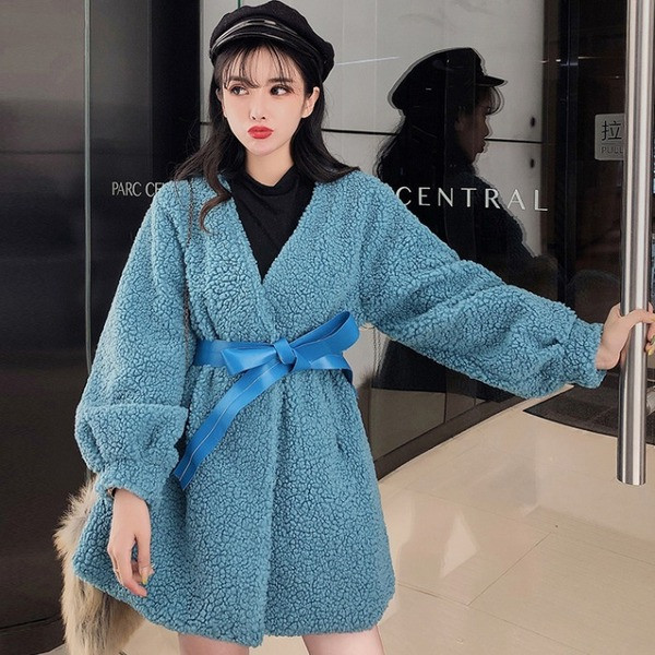 Модерно дамско палто с връзки в син и розов цвят 