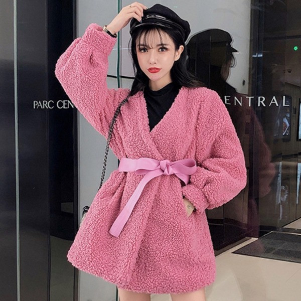 Модерно дамско палто с връзки в син и розов цвят 