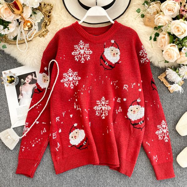 Pulover de dama modern cu motiv de Craciun in rosu si negru