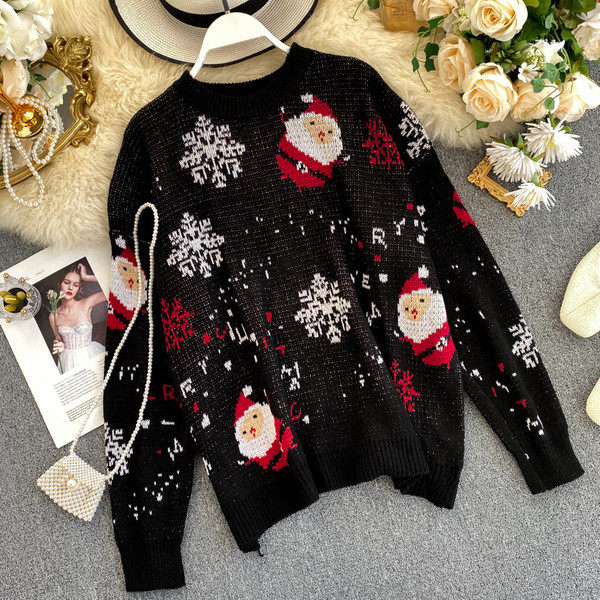 Pulover de dama modern cu motiv de Craciun in rosu si negru