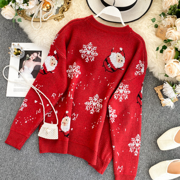 Pulover de dama modern cu motiv de Craciun in rosu si negru