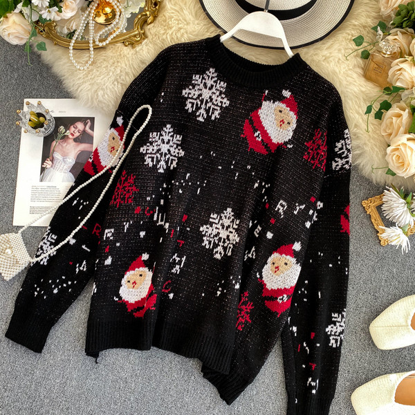 Pulover de dama modern cu motiv de Craciun in rosu si negru