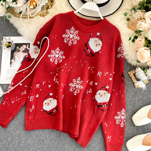 Pulover de dama modern cu motiv de Craciun in rosu si negru