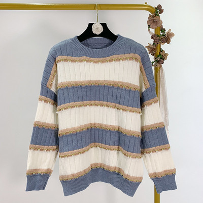 Női csíkos pulóver ovális nyakkivágással, kék, szürke és rózsaszín színekben