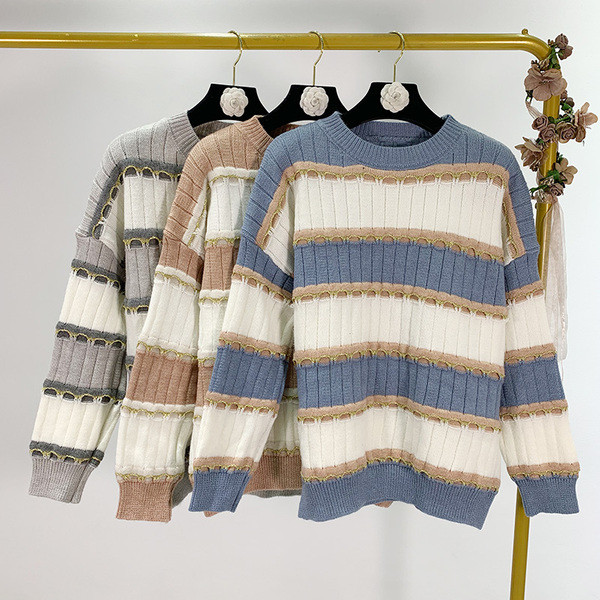 Női csíkos pulóver ovális nyakkivágással, kék, szürke és rózsaszín színekben