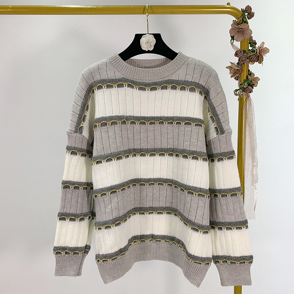 Női csíkos pulóver ovális nyakkivágással, kék, szürke és rózsaszín színekben