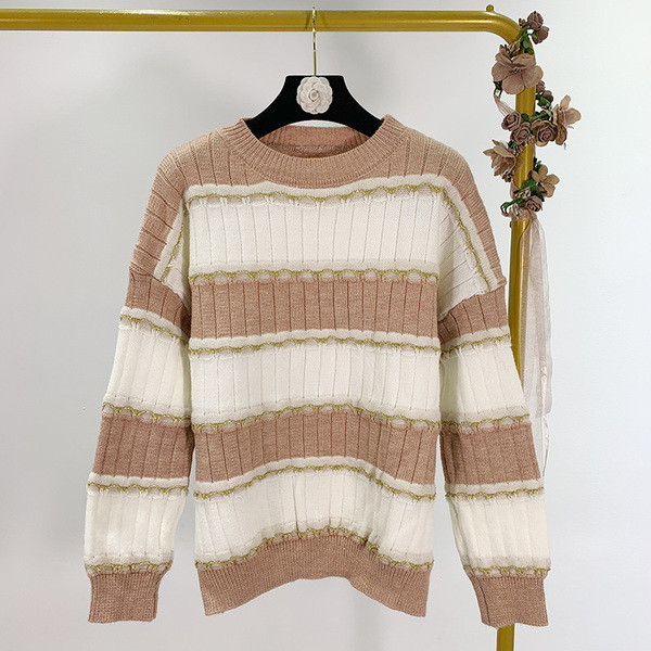 Női csíkos pulóver ovális nyakkivágással, kék, szürke és rózsaszín színekben