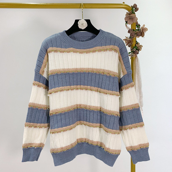 Női csíkos pulóver ovális nyakkivágással, kék, szürke és rózsaszín színekben
