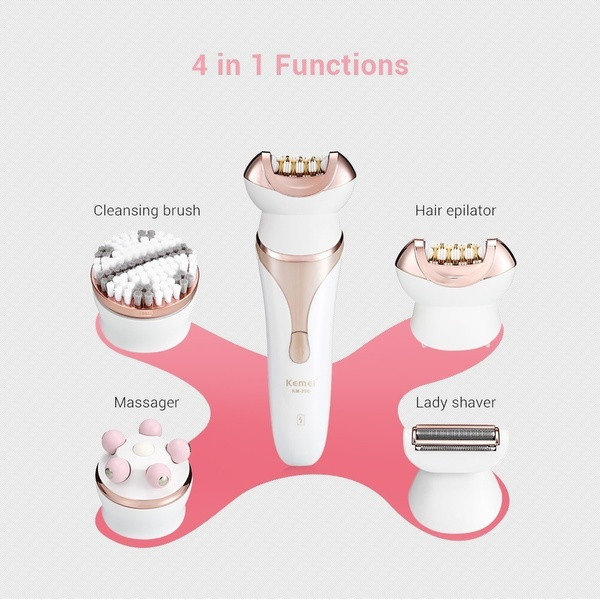 Electric epilator with four attachments suitable for epilation, shaving, massage and facial cleansing