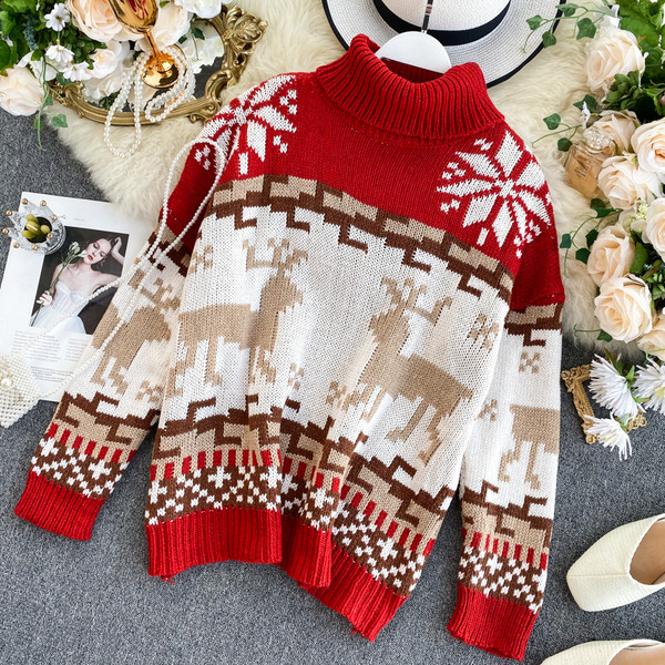 Pulover casual de dama cu aplicatie si guler inalt in rosu, alb si verde