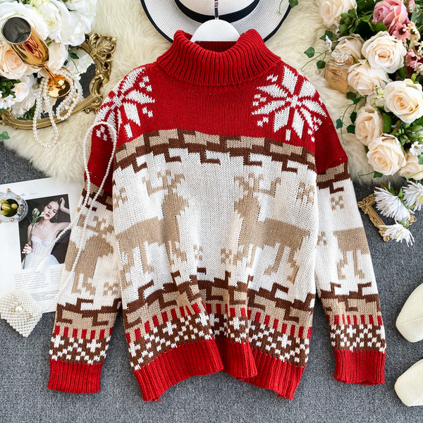 Pulover casual de dama cu aplicatie si guler inalt in rosu, alb si verde