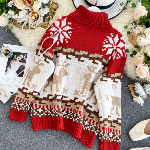 Pulover casual de dama cu aplicatie si guler inalt in rosu, alb si verde